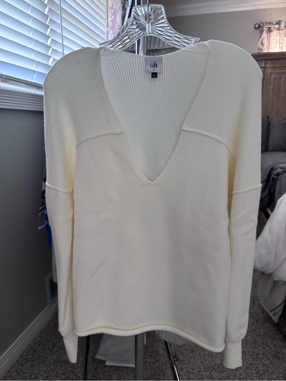 CAbi Cream V-Neck Ribbed Shoulder Sweater